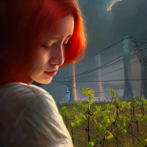 Image similar to red hair girl, chernobyl powerplant!!!, rubble, flowers, vines, hyperrealistic, highly detailed, cinematic, single ray of golden sunlight, beautiful, cgssociety, artstation, 8 k, oil painting by greg rutkowski, by artgerm, by wlop