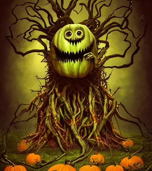 Image similar to a tim burton design of a horrifying king creature made of pumpkin, fat, limbs made from vines, sitting on a stone throne, detailed game art illustration, menacing carved facial expression, creepy lighting, dynamic pose, 4 k artstation, masterpiece