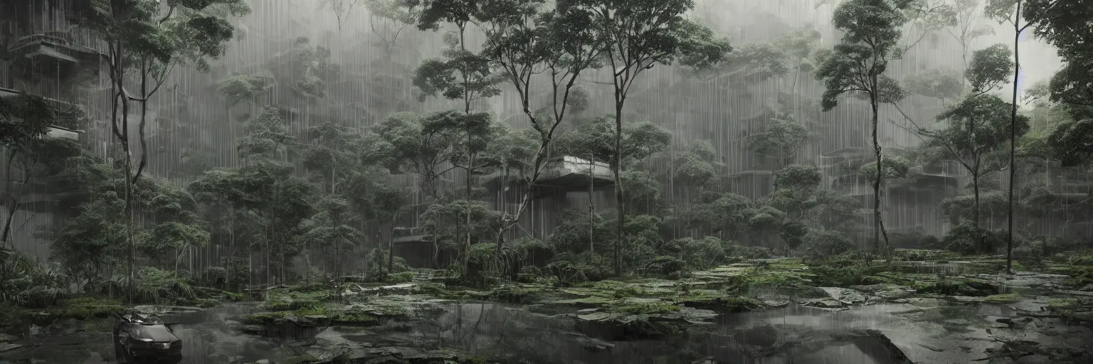 Prompt: brutalist architecture inspired by louis kahn deep in the rainforest. nature is taking over. matte painting in the style of eddie mendoza. mist. cinematic.