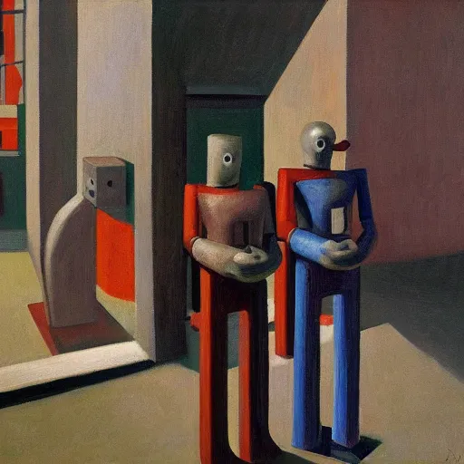 Image similar to drab workers wearing masks walking along cloisters, brutalist courtyard, watched by robots, dystopian, pj crook, edward hopper, oil on canvas