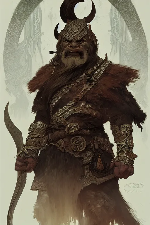 Image similar to orc viking, intricate, elegant, highly detailed, digital painting, artstation, concept art, smooth, sharp focus, illustration, art by Krenz Cushart and Artem Demura and alphonse mucha