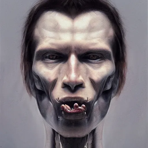 Image similar to surreal portrait of a man by Greg Rutkowski and H.R Giger, symmetrical face, he is about 30 years old, west slav features, short blonde hair with bangs, attractive, smart looking, slim, somewhat androgenic, transformed into a kind of biomechanical transhuman god, disturbing, terrifying but fascinating, with a determined and sinister expression on his face, cosmic void background, frightening, fascinating, highly detailed portrait, digital painting, book cover, artstation, concept art, smooth, sharp foccus ilustration, Artstation HQ