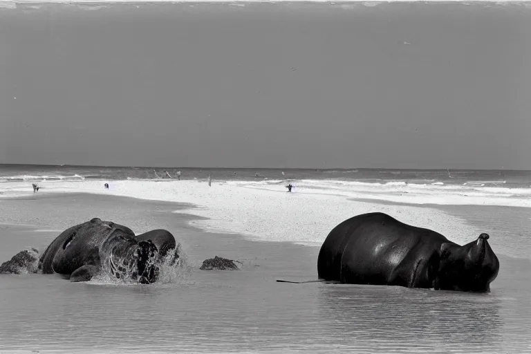 Prompt: very old black and white photography of a giant colossal hippo on the beach near a tiny boat, fishermen