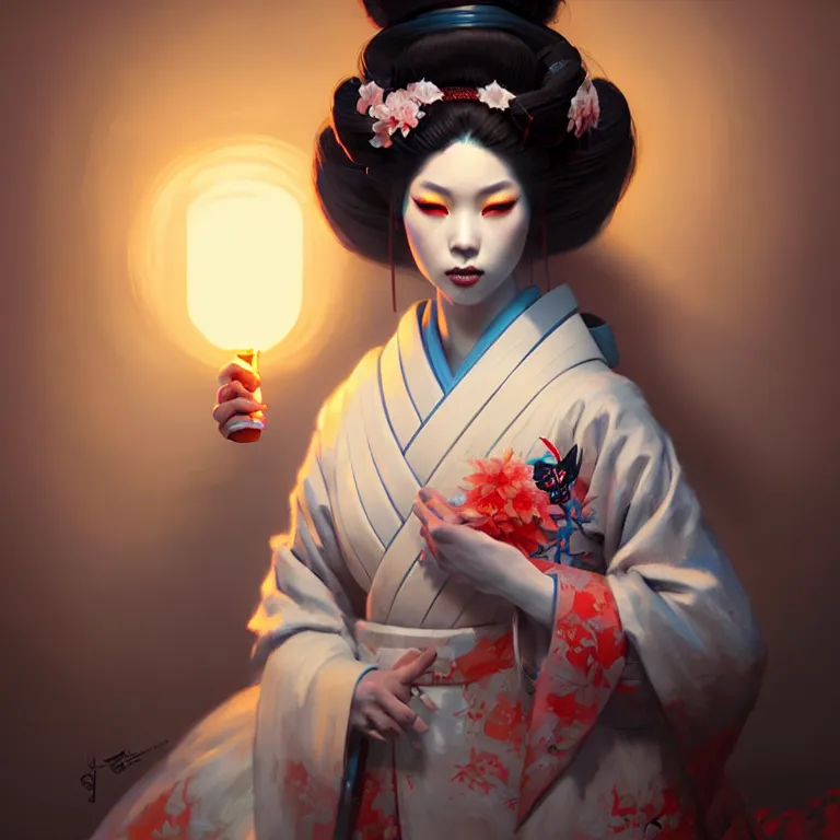 Image similar to pretty geisha, d & d digital painting, ultra realistic, beautiful, volumetric lighting, cell shading, by james jean, greg rutkowski, wlop