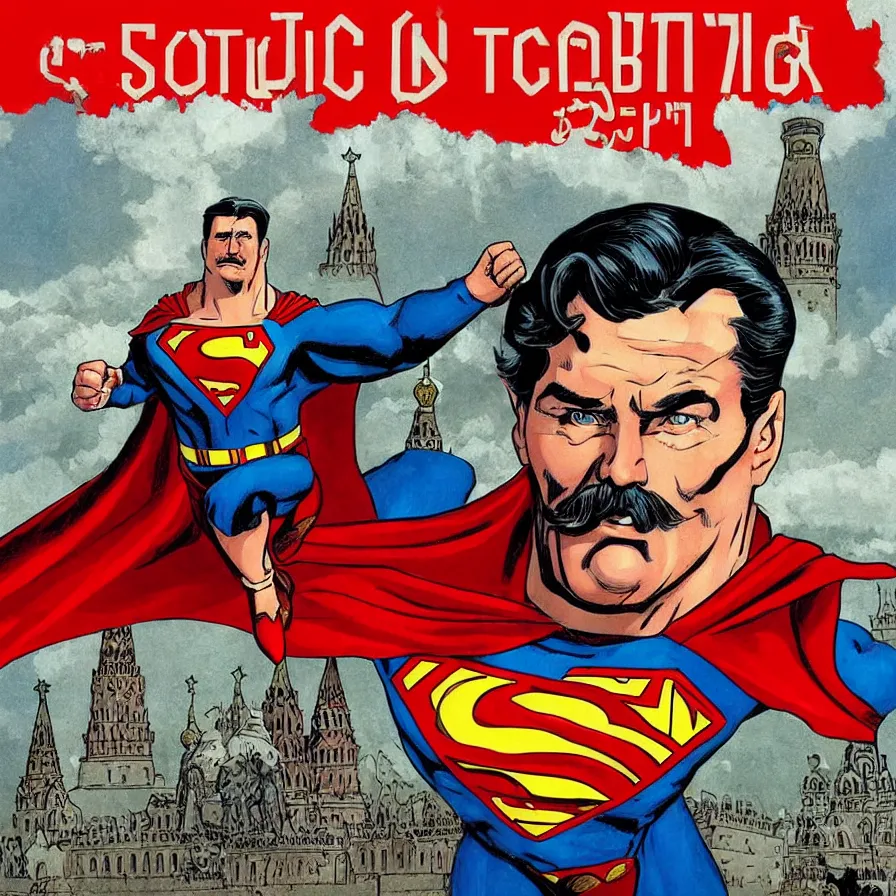 Image similar to epic comic book cover of stalin as superman floating over the red square ( moscow ), aesthetically pleasing, socialist realism, finely detailed features, photorealistic, intricate digital art, trending artstation, artgem, rich moody colors, fan art, concept art, in the style of the red son, by cory walker and ryan ottley