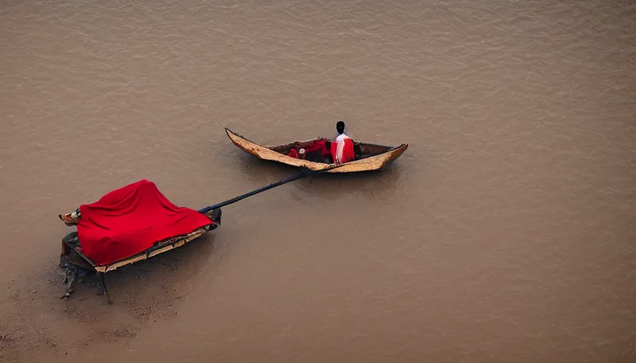 Prompt: movie still by djibril diop mambety of a man in red drapery in a blood barque on a river next to a neoclassical high - rise in the desert, leica sl 2 5 0 mm, heavy grain, high quality, high detail, foggy, mud