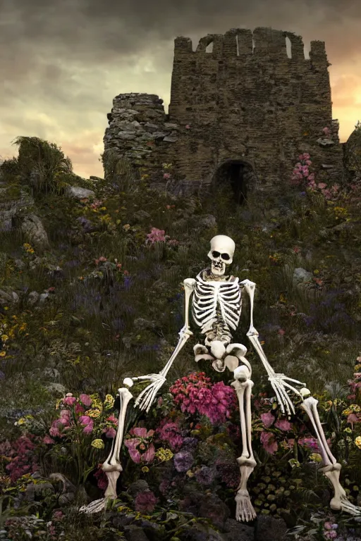 Image similar to a human skeleton full of flowers sitting in a destroyed and ruined throne in a ruined castle at sunrise, concept art, octane render, unreal engine 5, trending on Artstation, high quality, 8K, soft lighting, trending on DeviantArt, highly detailed, digital art, hyperrealistic, path traced, godrays, complementary colors, natural lighting, anatomically correct, five fingers