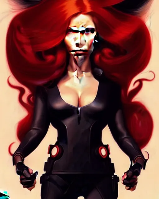 Image similar to peter mohrbacher, phil noto, artgerm, pretty scarlett johansson black widow, symmetrical eyes, long red hair