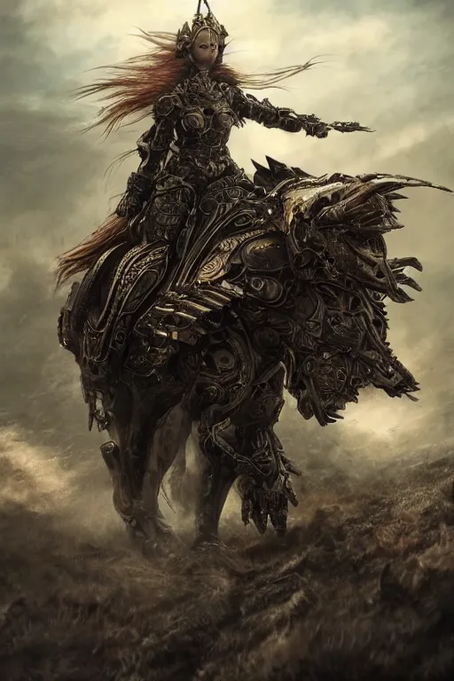 Prompt: ultra realist and ultra intricate detailed soft painting of a beautiful gothic armored female riding a biomechanical war bear on the war field , thin lustrous long auburn hair and fur, symmetry features, sensual gloomy style, volumetric clouds, cyberpunk background, artstation, unreal render, depth of field