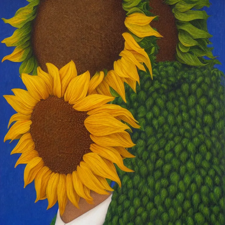 Prompt: portrait of a faceless sunflower - head man by rene magritte, detailed painting, distance, centered, hd, hq, high resolution, high detail, 4 k, 8 k