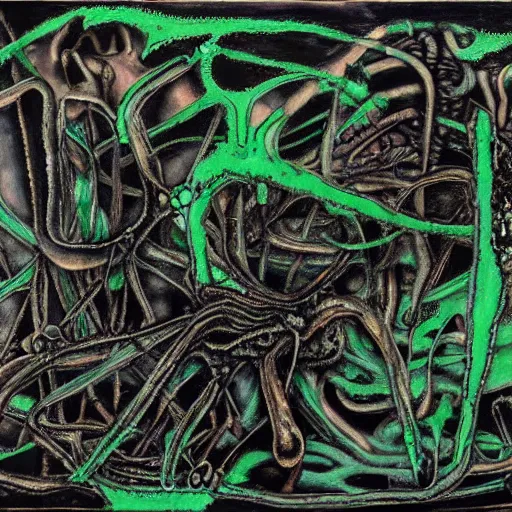 Image similar to a black and green biomechanical talisman of suffering, rotting, fungus, wings by maggi mcdonald, jackson pollock, mark rothko, sabina klein