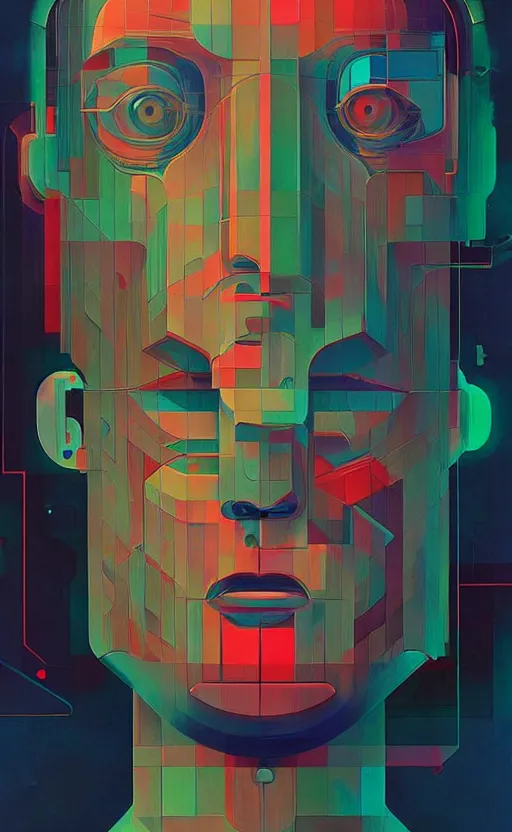 Prompt: portrait of abstract visual artificial intelligence face chromatic suit by Petros Afshar and Beeple, Edward Hopper and James Gilleard, Zdzislaw Beksinski, Mark Ryden, Wolfgang Lettl highly detailed