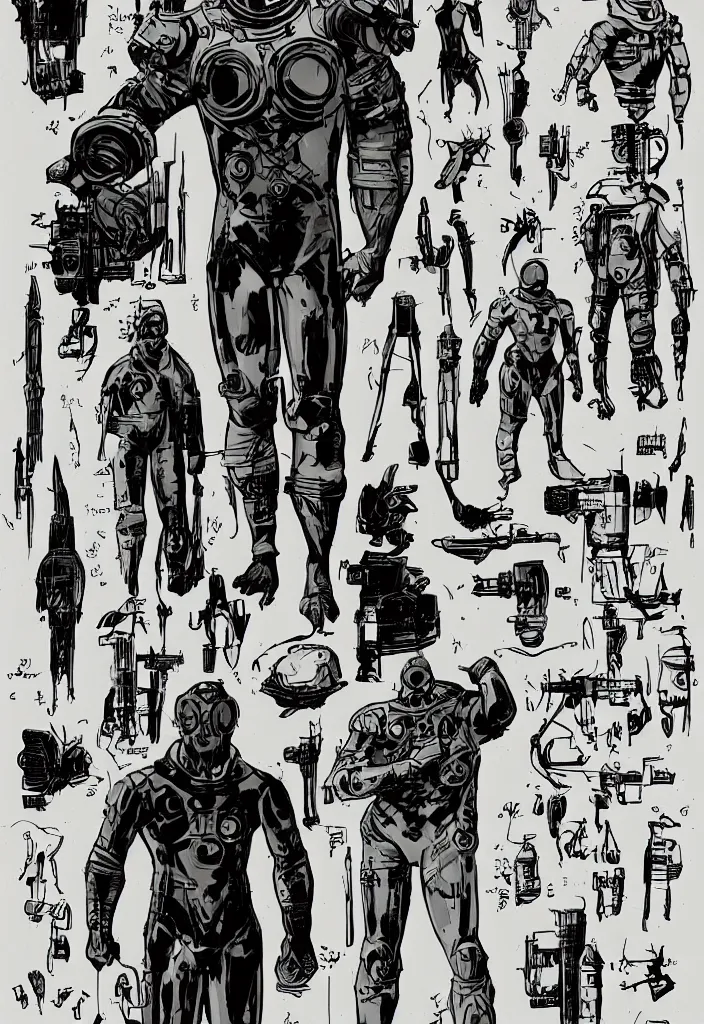 Image similar to male, heroic figure, space suit, science fiction, sketch, character sheet, very stylized, upa style, digital art, illustration, pen and ink, by mike mignola, by alex maleev