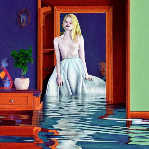 Image similar to painting of Elle Fanning in a flooded house interior, by metaphysical style