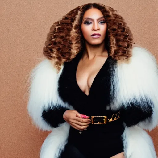 Image similar to cream - colored havanese dressed as beyonce, hair in weaves, wearing a fur coat, urban background, magazine photography