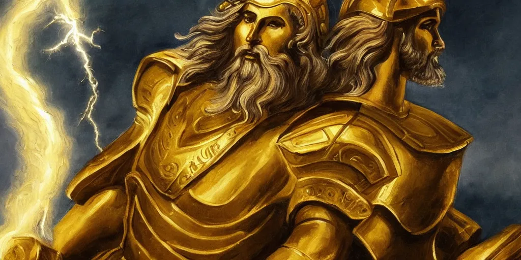 Image similar to a beautiful painting of zeus with his gold armor ready for a battle, with his lightning.