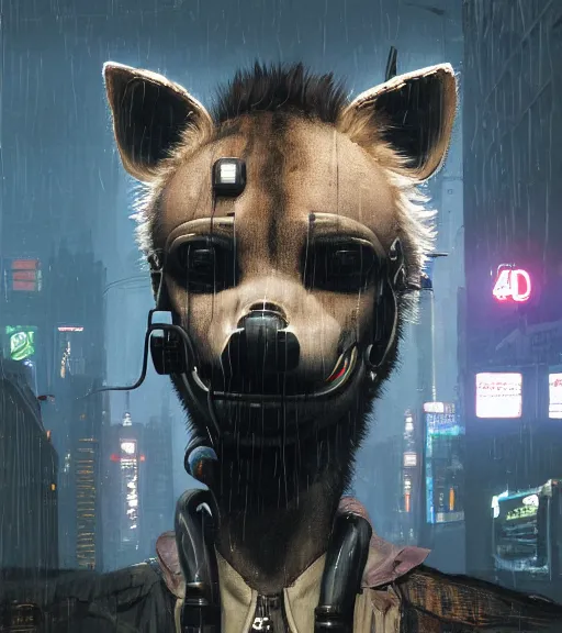 Prompt: new york city portrait of bad boy furry anthro anthropomorphic spotted hyena head animal person fursona wearing clothes strange cybernetic muzzle gloomy rainy screenshot from the video game cyberpunk 2077 digital art by Greg Rutkowski, Simon Stalenhag, christopher nolan trending on Artstation, CGSociety