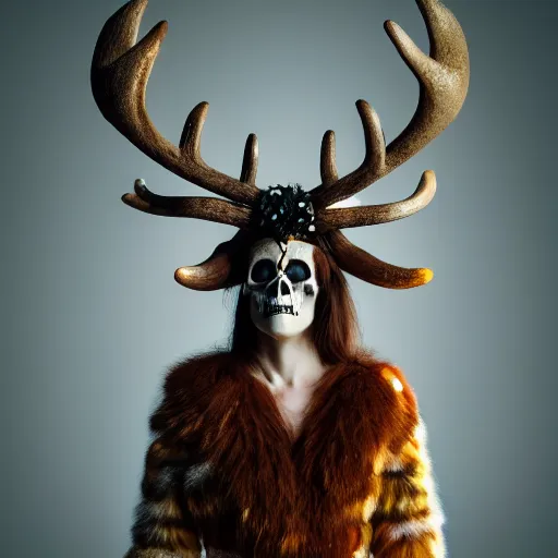 Image similar to a photographic portrait of a anthropomorphic norse mythology mimosa, wearing furry clothes and artifact head gear made of deer horn and skull bones embaded with jewels in the style of heilung an experimental folk music band, elegant, highly detailed, hyper realism, 4k, DSLR, artstation, smooth, sharp focus, octane render, 3d, good clear quality, lighting, biology, symmetrical artwork, perfect face, high detail, octane render