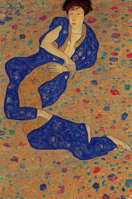 Image similar to girl waer detailed golden arabesque dress and lay down on a detailed navy persian carpet with a big tree palm persian pot, painting by egon schiele