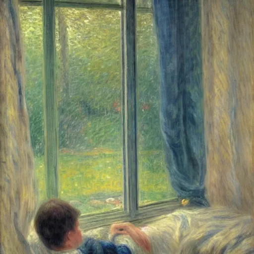 Image similar to on a rainy day, someone in home sits in bed, curled up under the covers, watching the rain outside the window, cinematic, artstation, extremely detailed, intricate, cinematic lighting, art by pierre - auguste renoir, gustave caillebotte