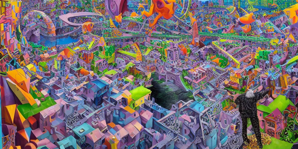 Prompt: in the realm full of colorful 3 d graffiti, mc escher, ultra realistic, extremely high definition, highly detailed and intricate masterpiece