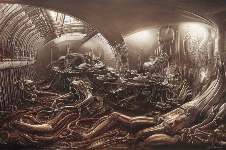 Image similar to the birth of the cyborg sleeping chambre / artificial womb by hr giger. hedonic imperative expressed as a pan - species techno - utopia imagined by jim burns and james gurney. masterpiece scifi artwork, retro, trending on artstation, 8 k