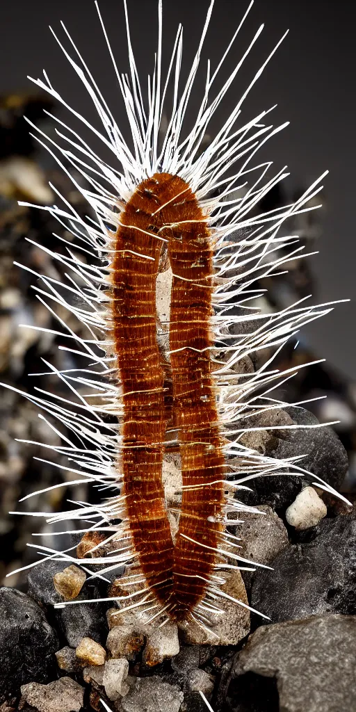 Prompt: professional photo shot of a scutigera made of silica crystal fused with rocks in the background, microscopic picture, droplets of water, grimy, gritty, trending on artstation, award winning, close shot, by aleks labuda and barry webb