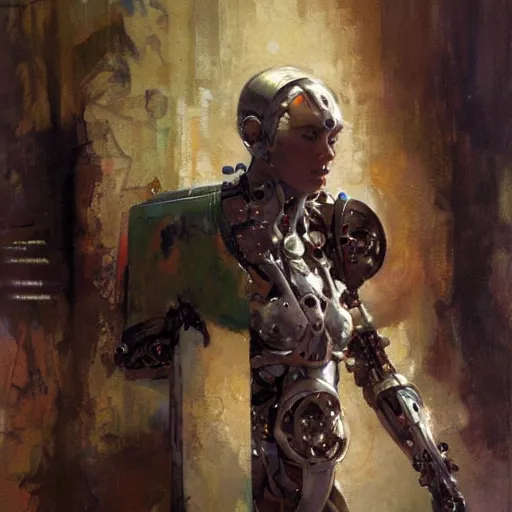 Image similar to human cyborg, sunny, painting by gaston bussiere, craig mullins, j. c. leyendecker