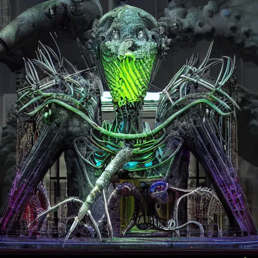 Image similar to highly evolved biomechanical phyrexian dreadnought plus pregnant borg queen hybrid being possessed by the machine spirit artists tram pararam and doctor seuss with beryl cook and hr giger neon high contrast cinematic light, mystical shadows, sharp focus, octane render