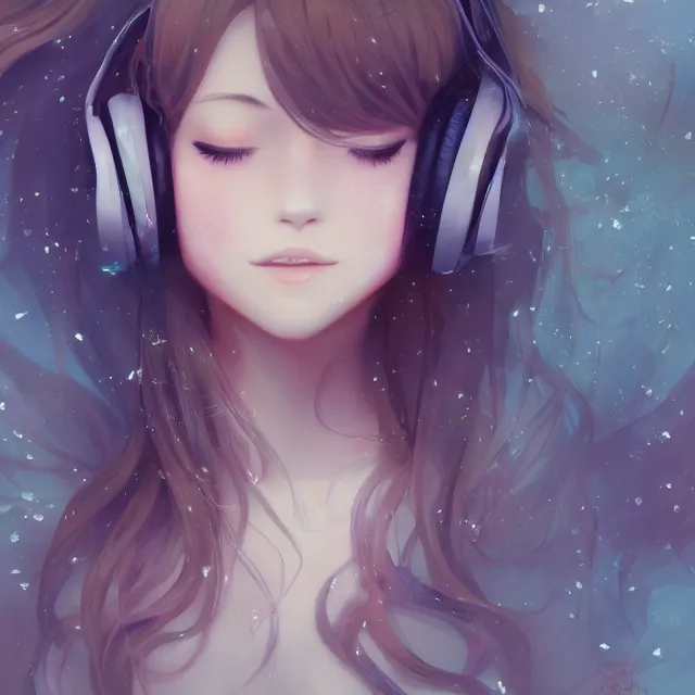 Prompt: close up portrait of a photorealistic anime girl, absurdly beautiful, gorgeous, youthful, smiling, eyes closed, listening to music on headphones, laying down on a bed, an ultrafine hyperdetailed illustration by loish, ross tran, intricate linework, ambient lighting, global illumination, trending on art station.