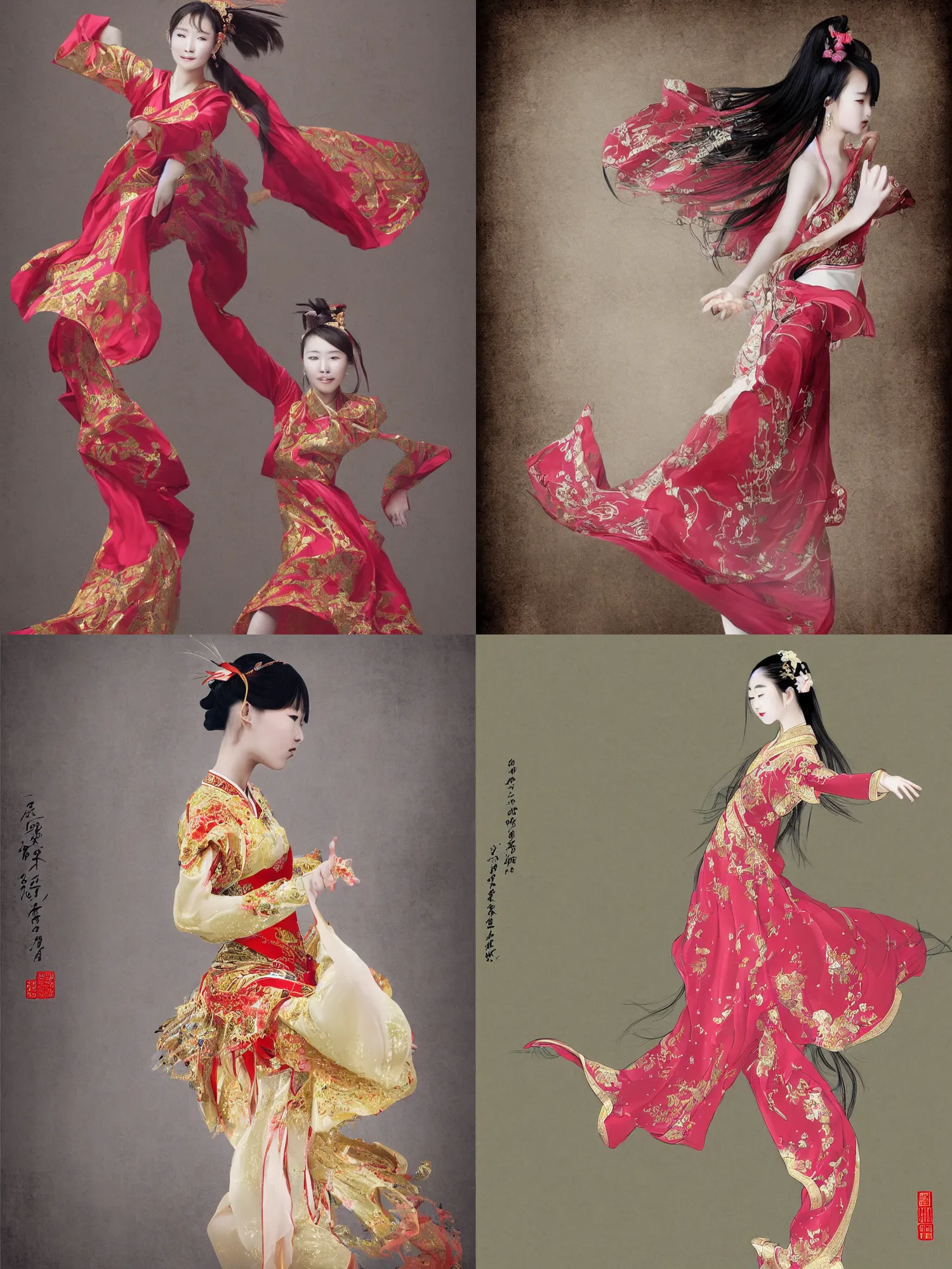 Prompt: beautiful young Chinese girl dancing, traditional flowing dress, royal, elegant, digital art, smooth skin