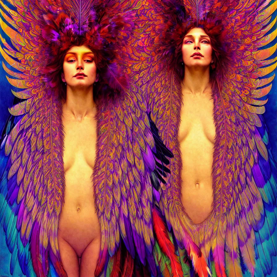 Image similar to face of innocent psychedelic transcendent feather mind bending psychedelic wings of glossy liquid honey flowing like kaleidoscopic translucent holograph, lsd feathers, feathery fluff, enlightenment, high contrast dappled lighting, refracted sunset, highly detailed, concept art, art by collier, albert aublet, krenz cushart, artem demura, alphonse mucha