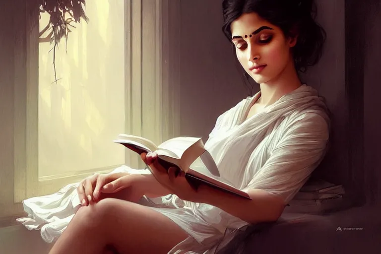 Image similar to sensual good looking pale young bengali girl with soulful eyes reading a novel, portrait, elegant, intricate, digital painting, artstation, concept art, smooth, sharp focus, illustration, art by artgerm and greg rutkowski and alphonse mucha