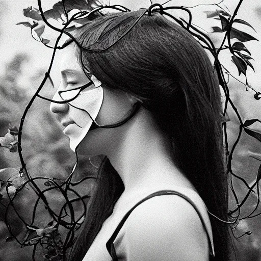 Prompt: “side profile of young woman blindfolded by vines”