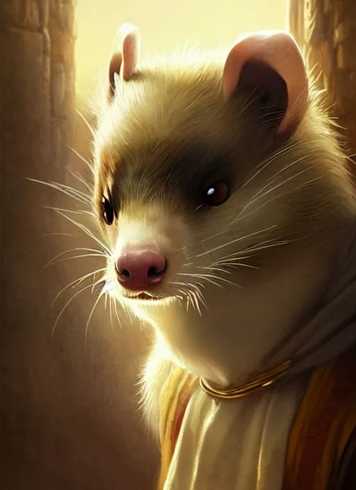 Image similar to a beautiful close - up shot from a fantasy film of an anthropomorphic ferret with golden eyes wearing a loose tunic. joseph ducreux, greg rutkowski.