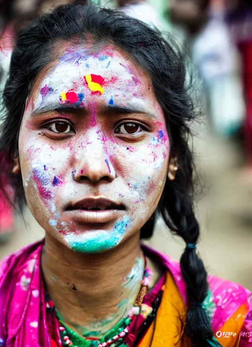 Prompt: Mid-shot portrait of a beautiful 25-year-old woman from Nepal, with smudges of paint on her face, attending Nepal Festival, candid street portrait in the style of Martin Schoeller detailed, award winning, Sony a7R