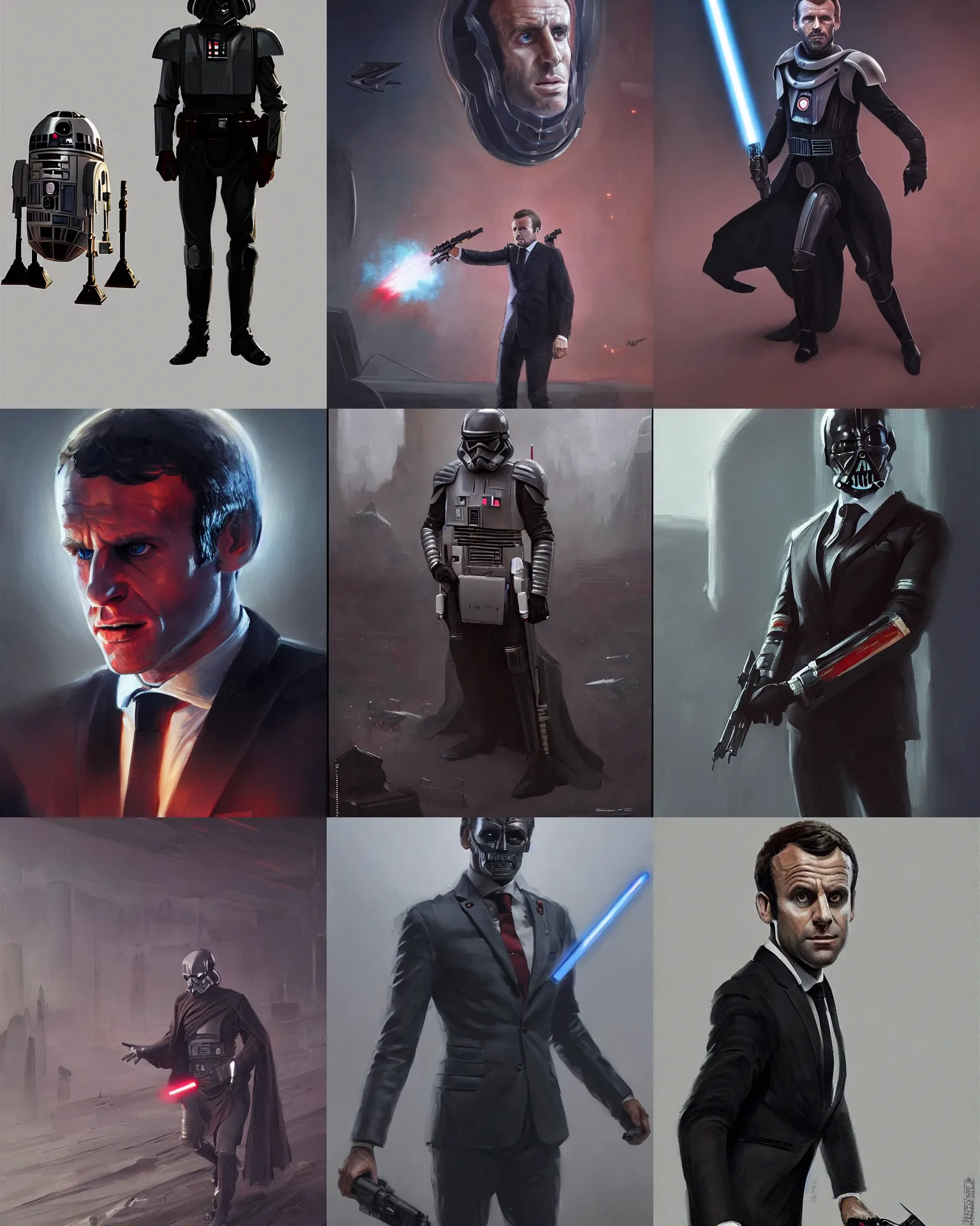 Prompt: full body painting of Emmanuel Macron as dark consulate in Star Wars, mechanical, sharp focus, magic realism, trending on ArtStation, masterpiece, by Greg Rutkowski, Ross Tran, octane, soft render, oil on canvas