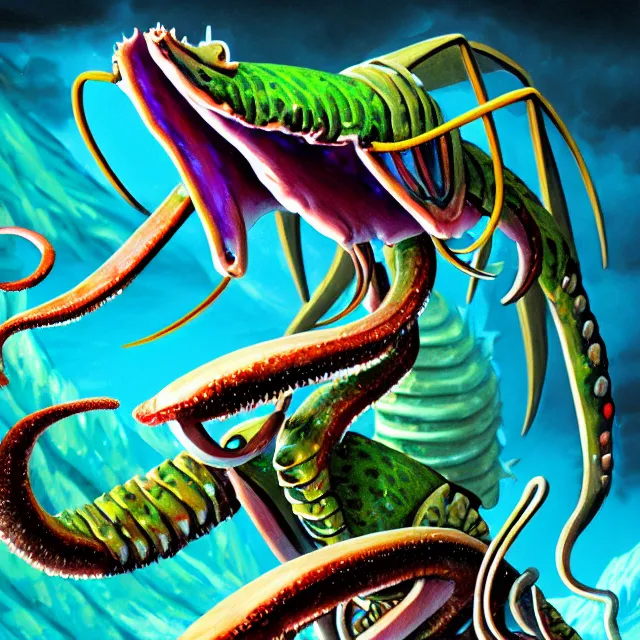 Image similar to a digital illustration of a land - dwelling squid monster with preying mantis claws, magic the gathering card painting, hq scan