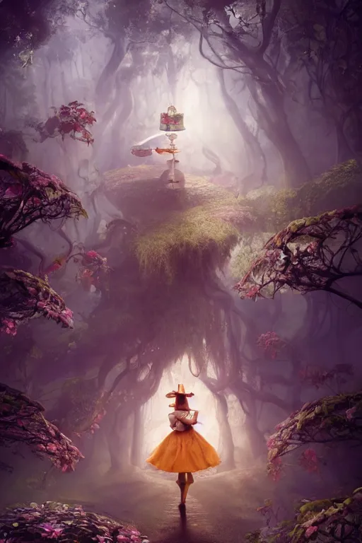 Image similar to Alice in wonderland on DMT, dramatic lighting, cinematic, establishing shot, extremely high detail, foto realistic, cinematic lighting, post processed, concept art, high details, cinematic, 8k resolution, beautiful detailed, photorealistic, digital painting, artstation, concept art, smooth, sharp focus, artstation trending, octane render, unreal engine