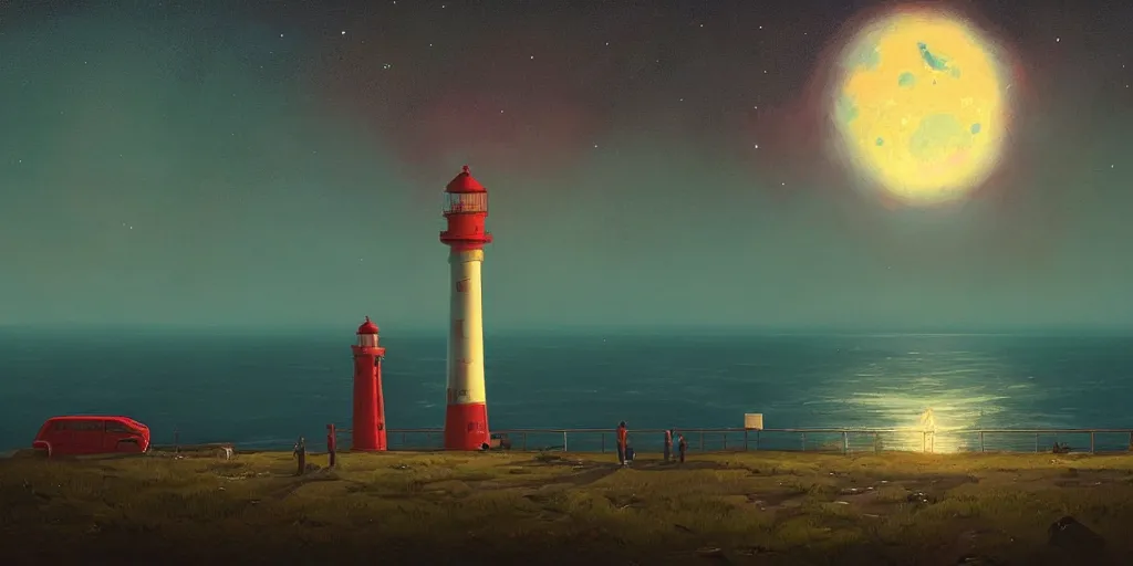 Prompt: milky way over the ocean by a lighthouse by simon stalenhag, dusk, art station trending