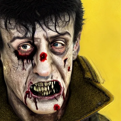 Image similar to sylvester stallone as a flesh eating zombie with cuts on face and yellow teeth, 7 days to die zombie, fine art, award winning, intricate, elegant, sharp focus, cinematic lighting, highly detailed, digital painting, 8 k concept art, art by guweiz and z. w. gu, masterpiece, trending on artstation, 8 k