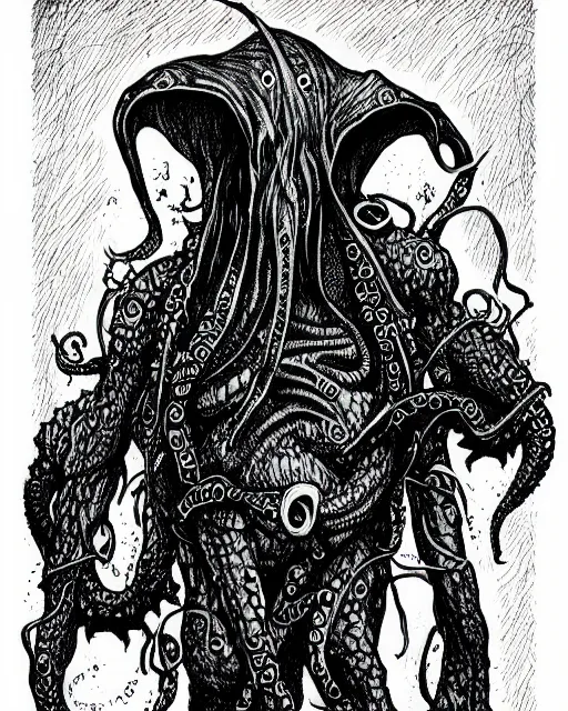 Image similar to cthulhu cultist in straitjacket!! black ink on paper, trending on artstation, beautiful, intricate, detailed