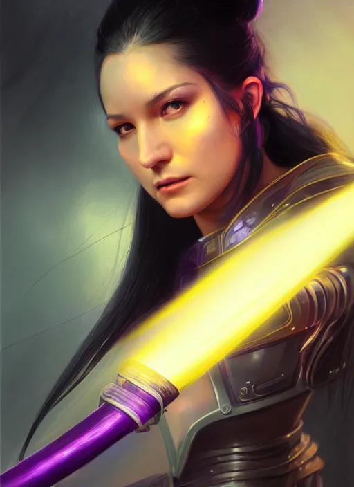 Image similar to portrait of a woman with long black hair in a ponytail, in sci - fi armor, platemail, close fitting, holding a katana made of purple energy, intricate, elegant, glowing lights, highly detailed, digital painting, artstation, concept art, smooth, sharp focus, illustration, art by wlop, mars ravelo and greg rutkowski