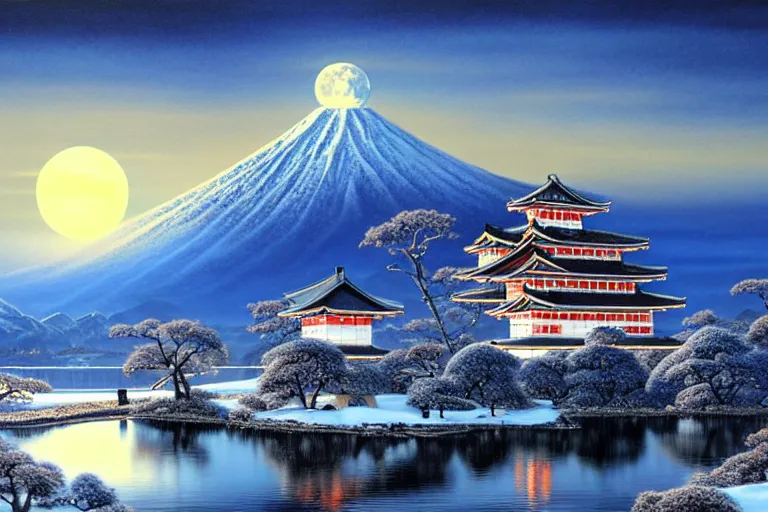 Image similar to landscape with a japanese castle, snowcapped mountains, moonlight, fantasy painting by michael whelan and vicente segrelles and mort kunstler, 4 k, hd, award winning, intricate details