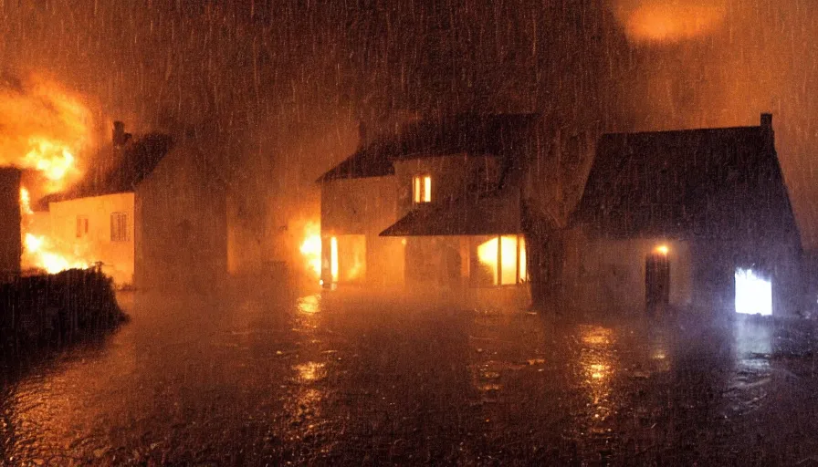 Image similar to mini dv camera found footage of a heavy burning french style little house by night, rain, foggy, in a small northern french village, heavy grain, very low quality, high detail, dramatic light