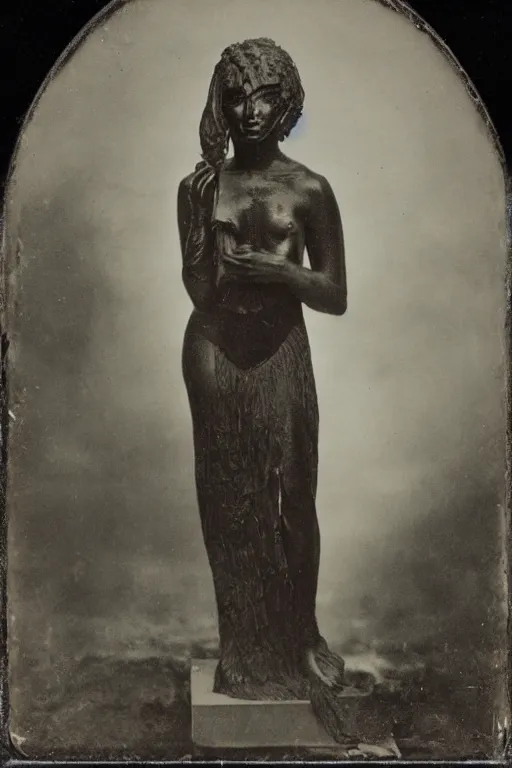 Image similar to a daguerreotype depicting an ancient martian stygian evil obsidian statue of thomasin mckenzie as the goddess persephone