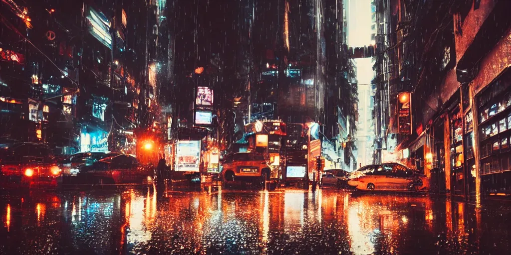 Image similar to a city street at night, raining, photograph, cars on the road, cyberpunk,