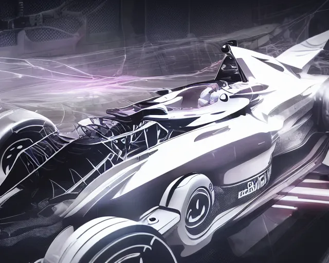 Prompt: f1 car, translucent white plastic skin, hyper detailed, scifi graphics hud, wires hanging from ceiling, octane render, character concept art, large windows, ghost in the shell, cyborg, 8k, intricate highly detailed geometric patterns blending into the background, bold lines