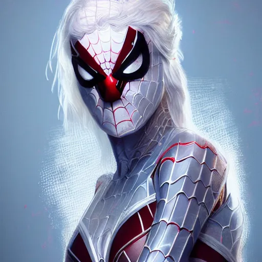 Prompt: full body portrait of white haired girl in spider man suit, super hero, webs, highly detailed, very beautiful face, very detailed eyes, digital art, artstation, concept art, smooth, sharp focus, greg rutkowski, wlop