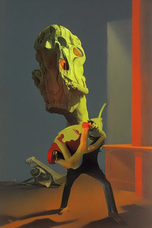 Prompt: chainsaw man and pinaple over his head Edward Hopper and James Gilleard, Zdzislaw Beksisnski, higly detailed